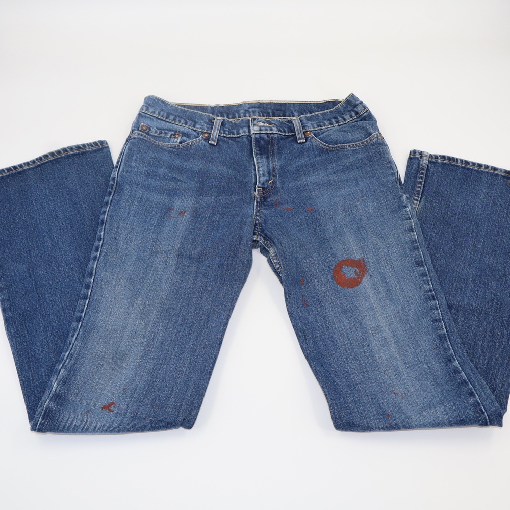 Levis Superlow Blue Flare Jeans Splatter Low‎ Rise 30M Mens Womens 33x31 USA